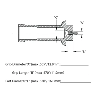 TF25 Overgrip Swiss Collet - Max "A" Dimension is .505" - Max "B" Dimension is .470" - Max "C" Dimension is .630"